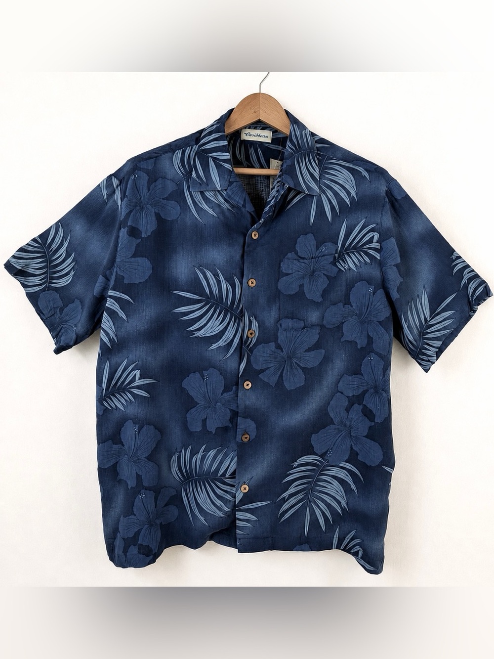 Caribbean XL Men’s Hawaiian Camp Shirt Blue Floral Palm Silk Bamboo NWT